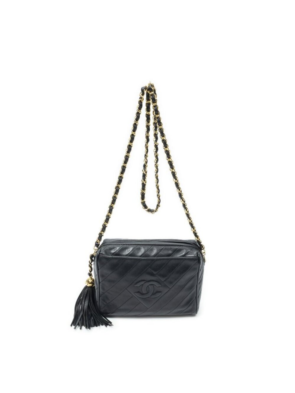 Chanel CC Mini Tassel Camera Front Pocket Crossbody Black Quilted Lambskin